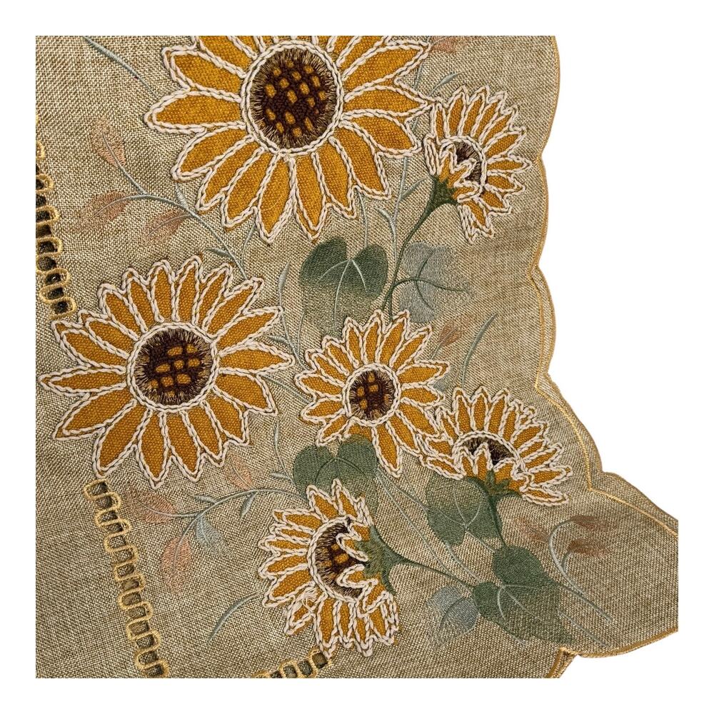 Secret Celebrity SUNFLOWER TABLE RUNNER 72” Embroidered Flower Natural Linen NWT